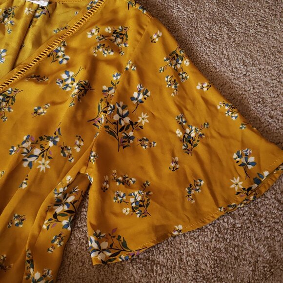 Faux Tunic Tie Flowy Short Sleeve Blouse Mustard Yellow Floral - Picture 5 of 6